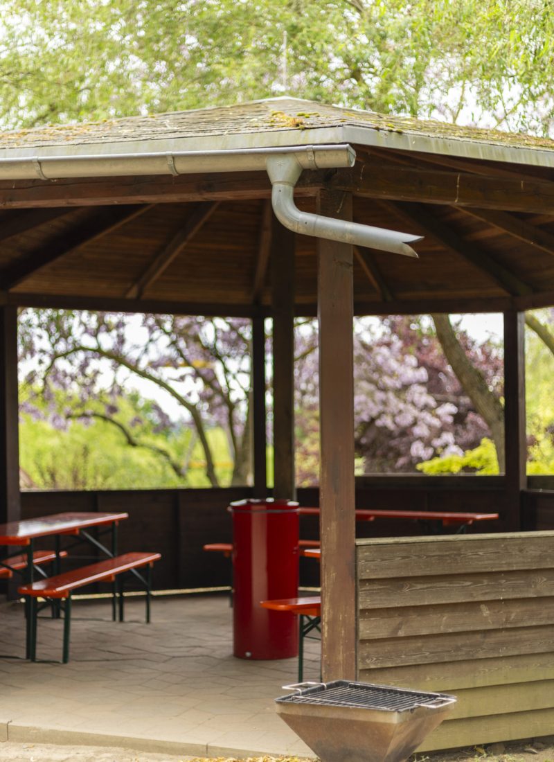 A wooden shelter provides shaded seating with benches at a park, enhanced by blooming trees nearby. A barbecue grill stands ready for use, creating an inviting atmosphere A wooden shelter provides shaded seating with benches at a park, enhanced by blooming trees nearby. A barbecue grill stands ready for use, creating an inviting atmosphere.